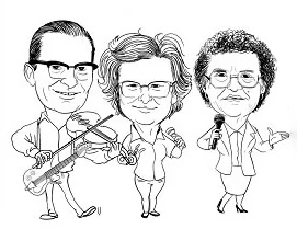 Hand-drawn black and white caricature of three musicians, a classic pencil sketch style