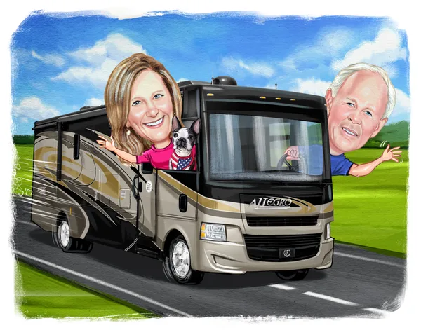 Group caricature of friends on a road trip adventure