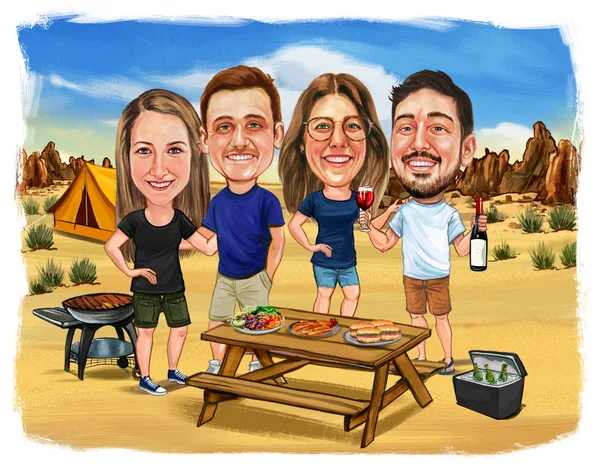 Four friends at a campsite with tents and a bonfire