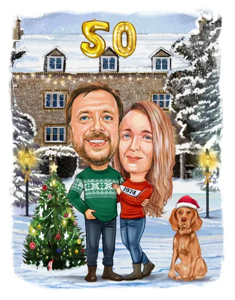 Christmas-themed caricature created as a personalized holiday gift