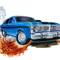 Caricature of a driver with a classic car
