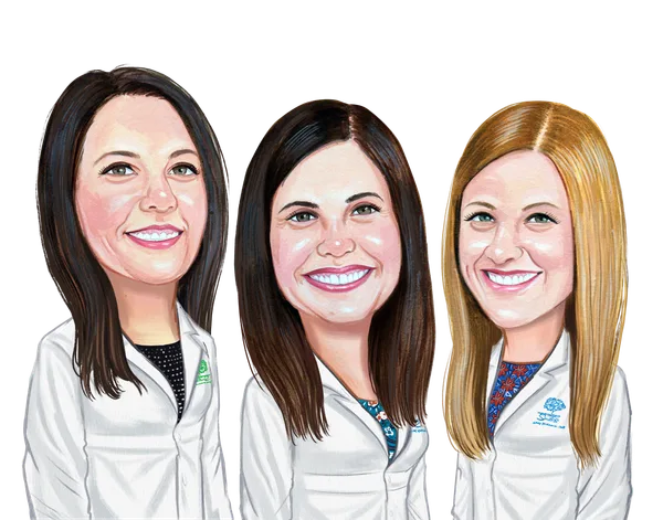 Caricature of three work colleagues, custom drawn from a team photo
