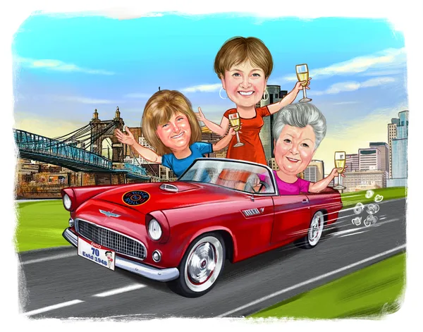 Caricature of a person in a convertible car