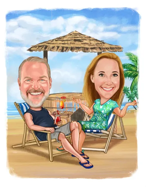 Caricature of a couple enjoying a tropical vacation together