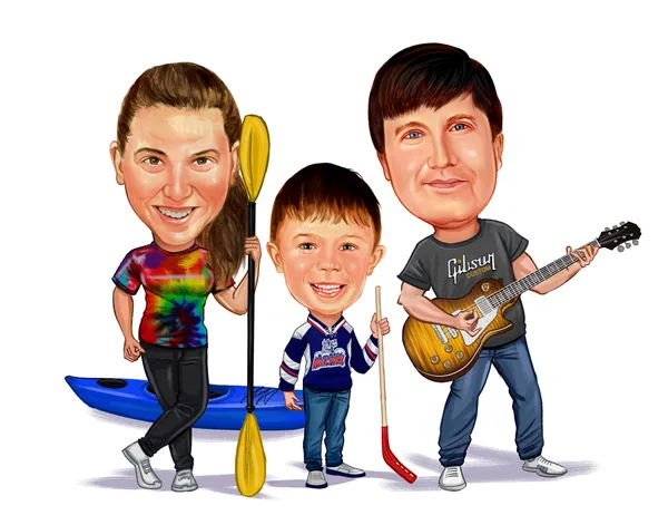 Family of three enjoying their shared hobby outdoors in a custom caricature