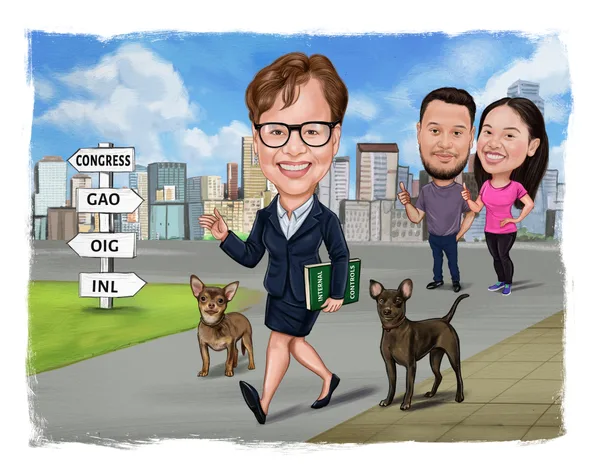 Three friends together in a fun custom caricature scene