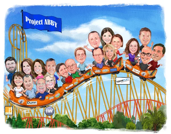 Large group caricature on a roller coaster, drawn from a photo