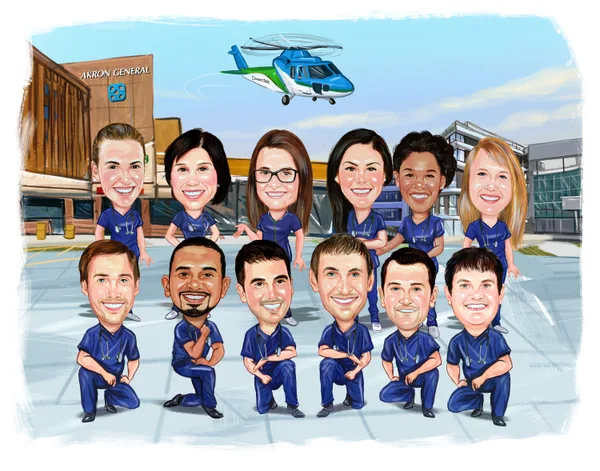 Professional group caricature for a medical team, drawn from a staff photo