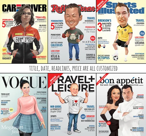 Custom caricature magazine covers created as personalized gifts for retirements and celebrations