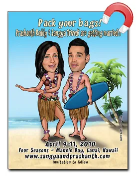 Custom caricature Save the Date magnets, hand-drawn for a wedding couple