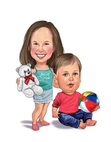 Brother and sister sharing a playful moment in a custom caricature