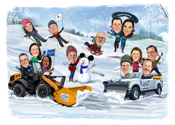 Winter group caricature of friends enjoying a snowy scene together