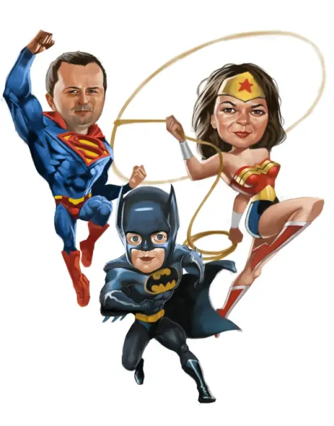 Custom superhero-themed caricature drawn from a customer photo
