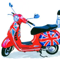 Caricature of a person riding a Vespa scooter