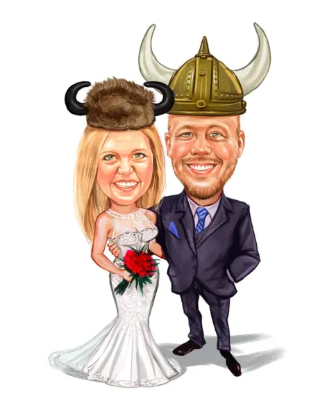 Wedding caricature of a couple, custom drawn from their engagement photo