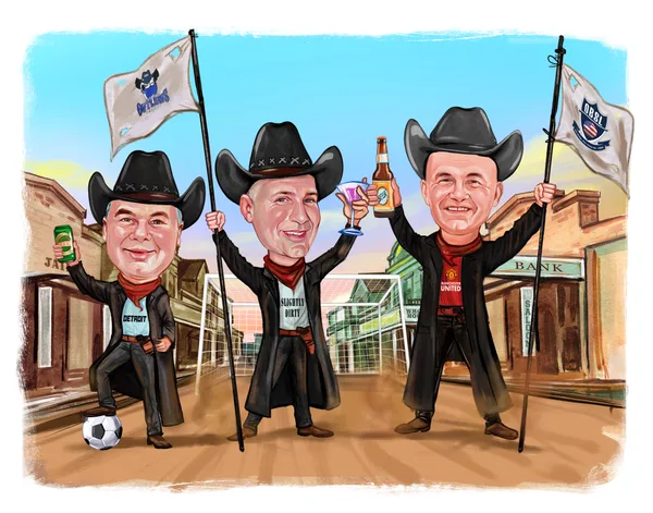 Three friends in a western cowboy-themed caricature, drawn from a photo