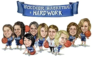 Custom group caricature of a basketball team drawn from individual player photos