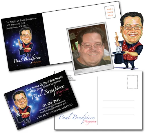 Hand-drawn caricature collage for Paul Bradpiece, a professional magician, featuring logo and business cards