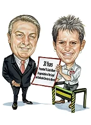 Personalized retirement caricature gift hand-drawn from employee photos for a corporate event