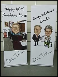 Custom caricature artwork printed on large retractable banners for a company Christmas party