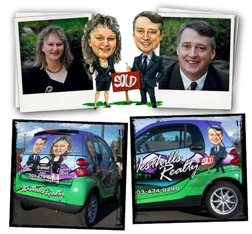 Custom caricature vehicle wrap on a Smart Car, designed for real estate advertising and mobile branding